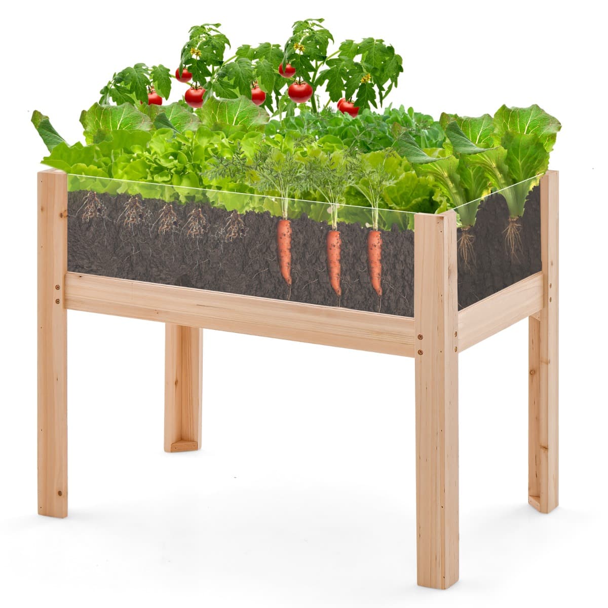 CostwayJardinière Surélevée en Bois Trous de Drainage Panneaux Acryliques Transparent Légumes Herbes Fleurs Capacité de 50L Naturel